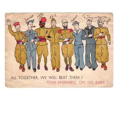 World War II postcard featuring international soldiers
