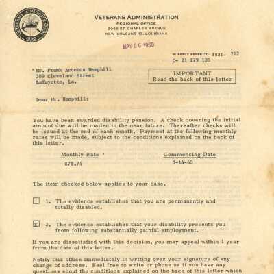 Veterans Administration letter to Frank Hemphill