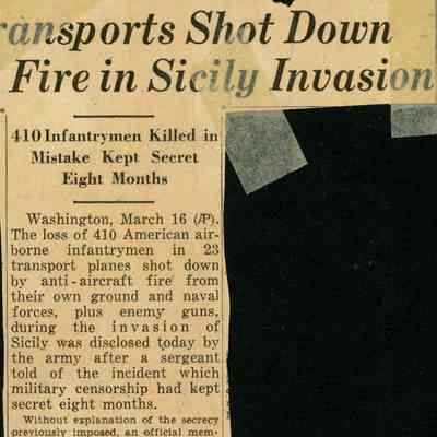 Camp Claiborne - Newspaper Clipping - "Transports Shot Down Fire in Sicily Invasion"