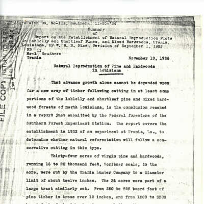 Report on Natural Reproduction of Pine and Hardwoods in Louisiana 1924