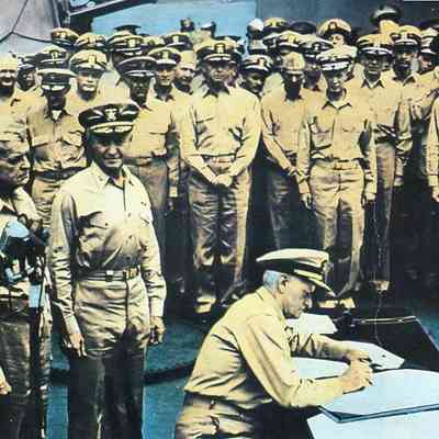 Postcard- Signing the Japanese Surrender on the USS Missouri in Tokyo Bay