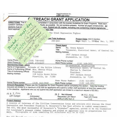 first grant page with sticky note: Page 2