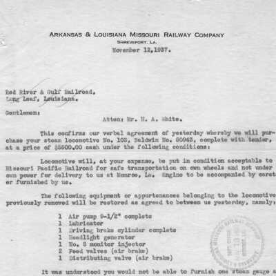 Letter to the Red River & Gulf Railroad from R. F. Humble Nov 1937 (1)