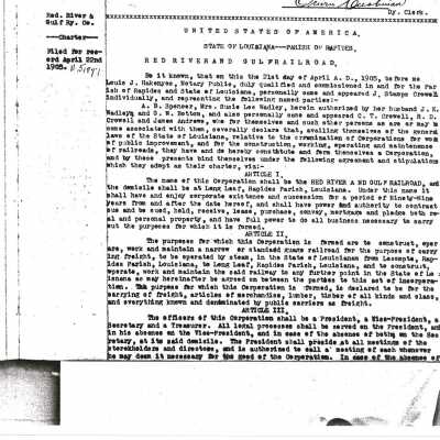 Red River & Gulf Railroad Company Charter 1905