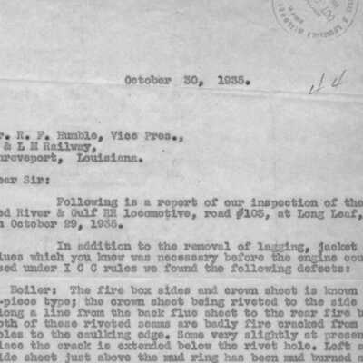 Inspection Letter of the Red River & Gulf Railroad Locomotive #105