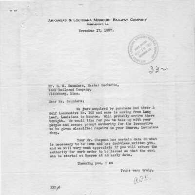 Letter for Repairs by Arkansas & Louisiana Missouri Railroad Company
