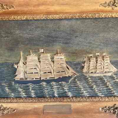 Wood Relief Carving of Two Clipper Ships