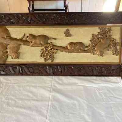 Wood Carved Relief of Cats in a Tree