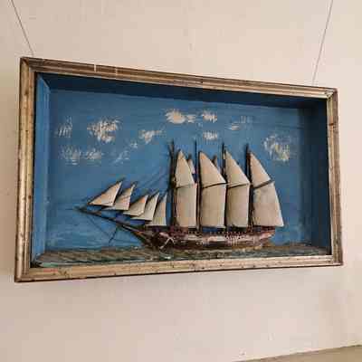Diorama of a Four-masted Schooner in Port Profile