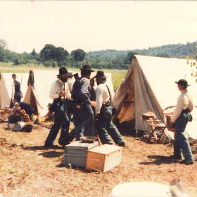 Photo of men in costume during Civil War Days in Shadow Rock Park, Forsyth, MO, 1986