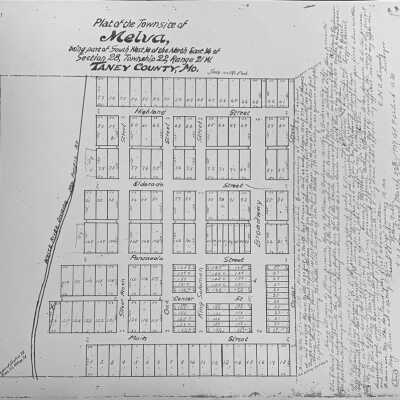 Plat of the townsite of Melva, being a part of south west 1/4 of the north easdt 1/4 of section 28, township 22, range 21 w. Taney County, Mo.