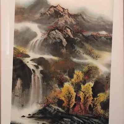 Fall Landscape with Waterfalls and Mountains