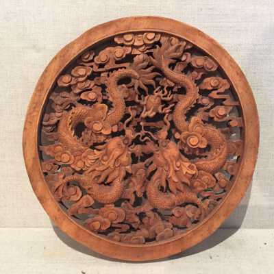 Double Dragon Carved Wooden Disk