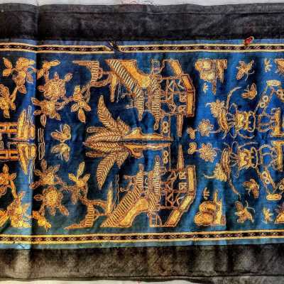 Blue Table Runner with Black Trim with Embroidery of Garden Scene