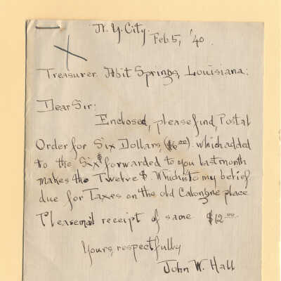 Letter and Envelope to Abita Springs Treasurer about Tax Money