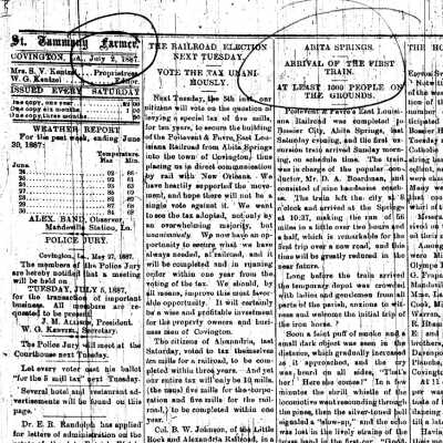 Article from the St. Tammany Farmer about the First Abita Springs Train