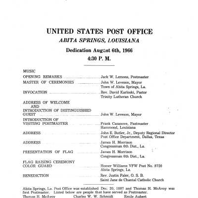 Abita Springs Post Office Dedication Program Sheet