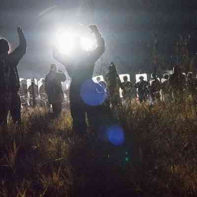 Water Protectors Praying At The Police Line On The Backwater Bridge Stand Off For 10 Hours On The Evening Of November 20th, 2016