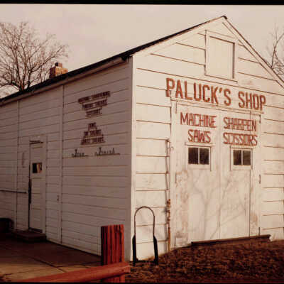 Alex Paluck's Workshop, Exterior View. Belfield, ND. 2/17/81