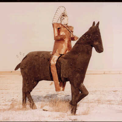 Metal Indian and Stucco Horse. US 281, Millarton, ND.2/9/81
