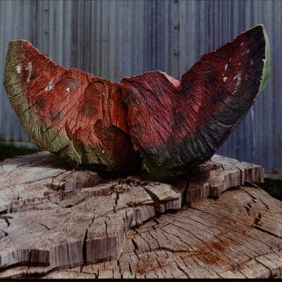 "Chainsaw Watermelon Slice" by Lolene Tormaschy. US 10, Gladstone, ND. 5/10/81