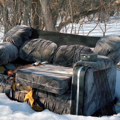 Abandoned Couch in the Woods, Snow on Ground