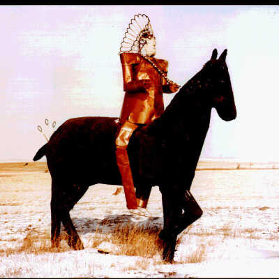 Metal Indian and Stucco Horse. US 281, Millarton, ND.2/9/81
