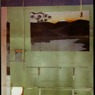 Abandoned Bar Painting on Wall of Pines, Bows and Mountain, unknown location