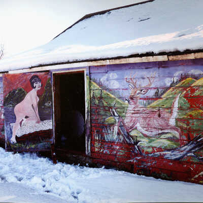 "The Minnesota School Teacher" Barn Painted by Fridl Eggl, Door Open. ND 8, Near Cando, ND. 2/20/81