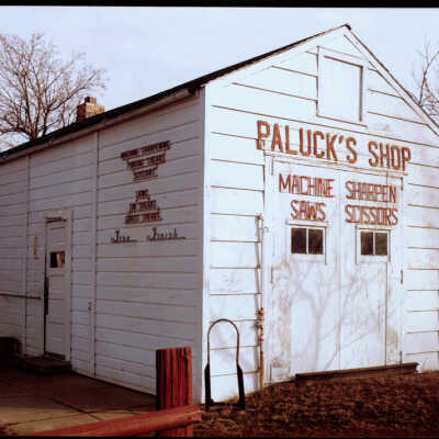 Alex Paluck's Workshop, Exterior View. Belfield, ND. 2/17/81