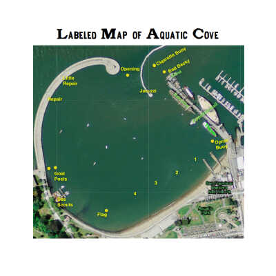 Map of Cove with Swim Routes/Distances and Named Buoys & Locations