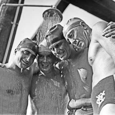Silvester, McManus, Mahood and Rickman showering after swim