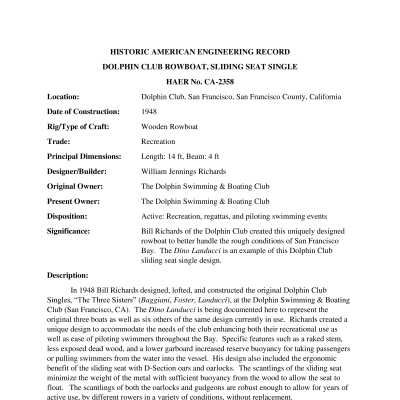 History document HAER CA-2358 "Dolphin Club Rowboat, Sliding Seat Single": (7 page PDF)