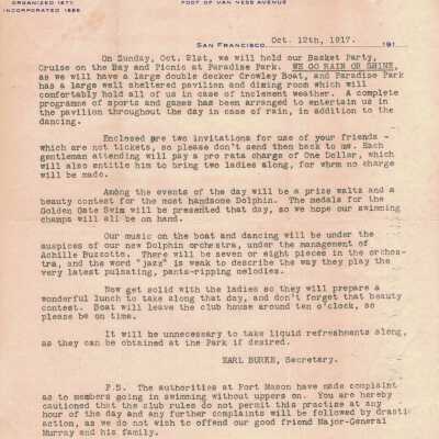 Letter about Basket Party, Bay Cruise and Paradise Cove Picnic