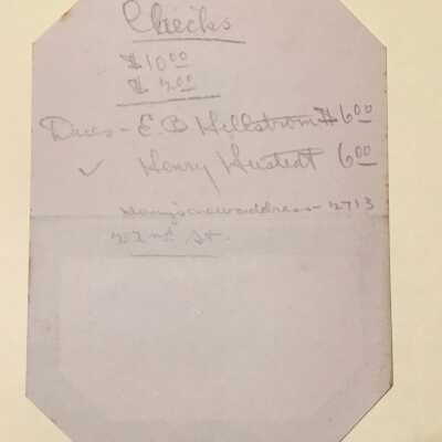 Inside/back are pencil notes on funds received, members info