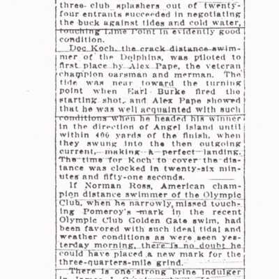 Copy of SF Chronicle Sept 10 1917; results of Dolphin Club's first Golden Gate Swim