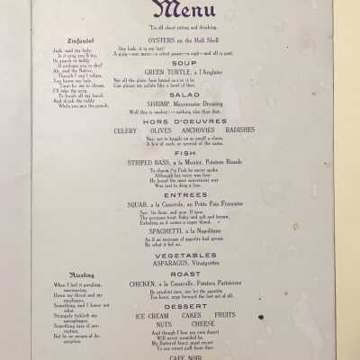 Detail of men, note the poems and advice/comments for each item and the two wines