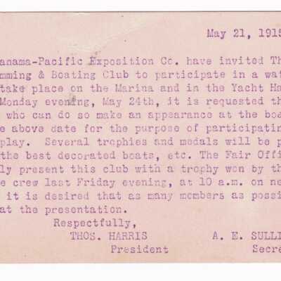 Invitation to Pan Pacific Exposition Water Pageant