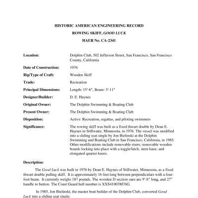 History document HAER CA-2341 Rowing Skiff "GOOD LUCK": (5 page PDF)