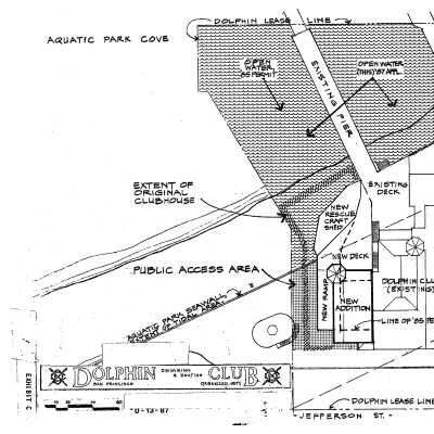 This drawing show public access area mentioned in plaque, as well as footprint of the old Ariel Club