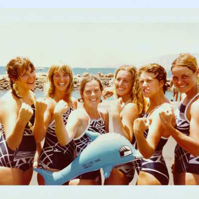 Digital version of after swim photo with mascot