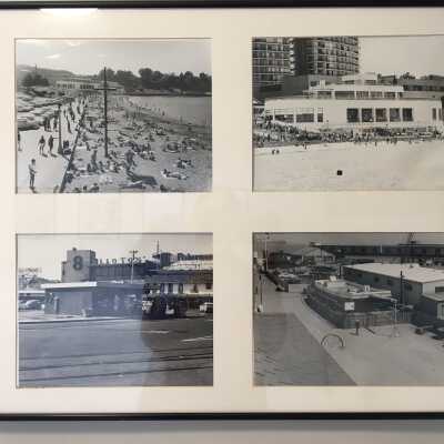 Four framed photos of Aquatic Park and Fisherman's Wharf