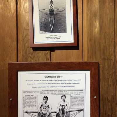 Framed photograph and framed article accompanying Rogers Skiff