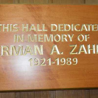 Engraved plaque of dedication: in memory of Herman A. Zahler