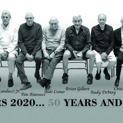 Photo in Log Summer 2020 of 50+ year members with names:: L to R: John Davis, Antone Gelardi, Dino Landucci Jr.,  Peter Bianucci, Aldo Cuneo, Brian Gilbert, Rudy DeMay, Chuck Stagliano, Jimmy Vanya, Ed DeCossio Jr.