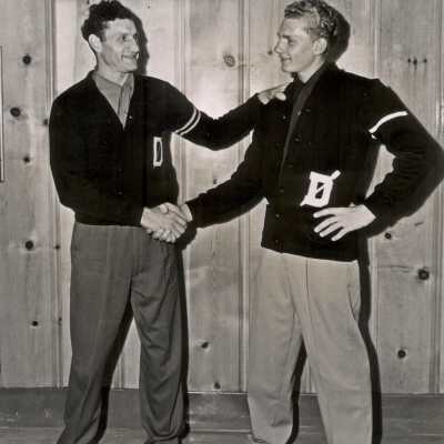 Photo of Dino Landucci Sr (left) and Dino Landucci Jr (right) 1949