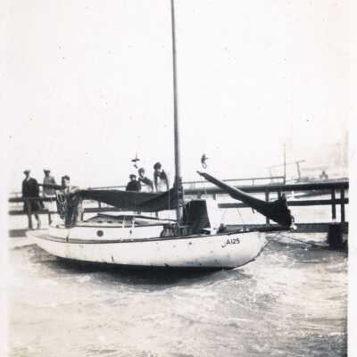 Sail Boat in Newport Harbor During Choppy Weather, 1934