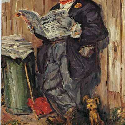 Hobo Joe Advertising Postcard- Reading the Wall Street Journal