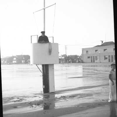 Man in Watch Nest During Extreme High Tide, 1934