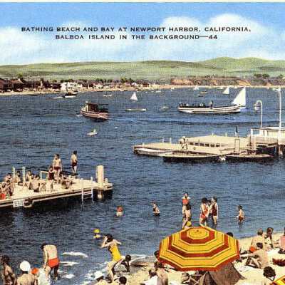 Bathing Beach and Bay at newport Harbor, California, Balboa Island in the Background- 44